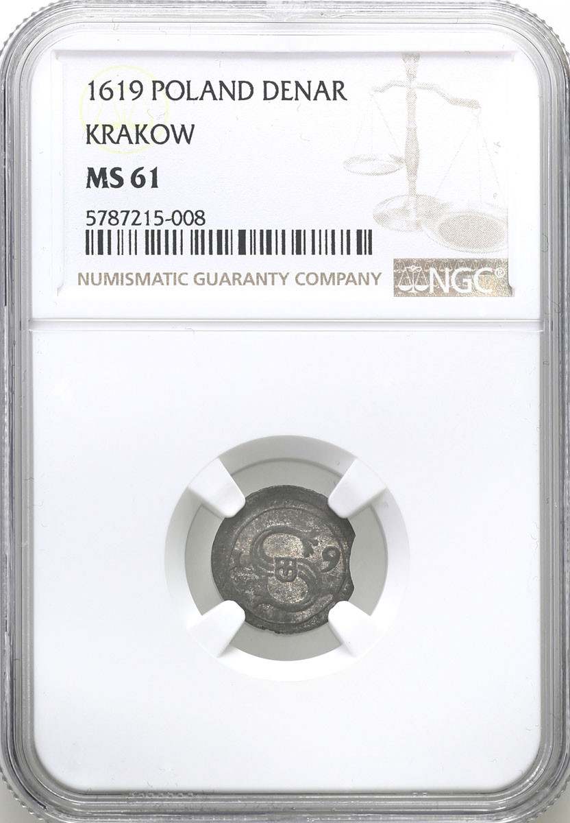 Zygmunt III Waza. Denar 1619, Kraków NGC MS61 (MAX) - RZADKOŚĆ R8